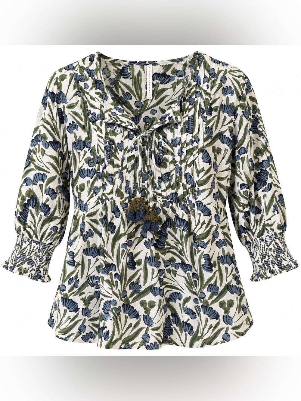 Rockflowerpaper Floral Cotton Tunic Blouse Blue Green Size M Tassel Tie